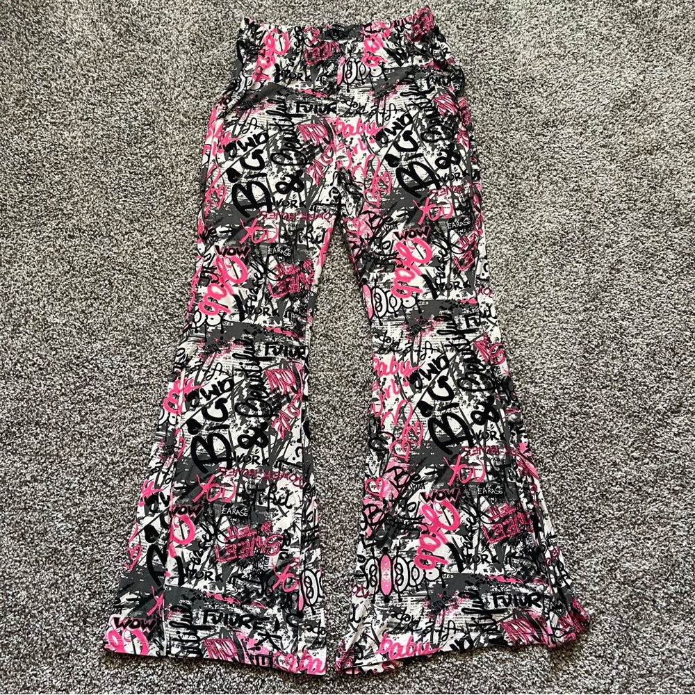 New Look Pink and Black Graffiti Graphic Print Flare Pants Size 1X